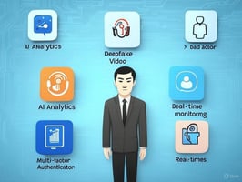 AI fraud defense, showing voice cloning, deepfake videos, bad actors, and cybersecurity tools like AI analytics