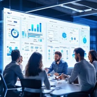 Business team collaborating with a digital dashboard displaying workflow automation and performance metrics, highlighting efficiency and strategy execution.